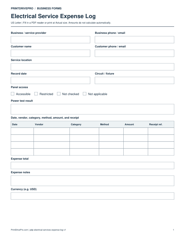 Preview of Electrical Service Expense Log