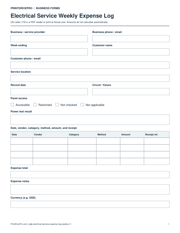 Preview of Electrical Service Weekly Expense Log