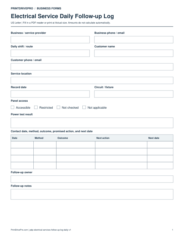 Preview of Electrical Service Daily Follow-up Log