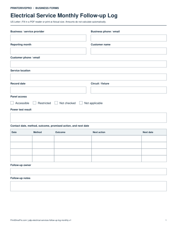 Preview of Electrical Service Monthly Follow-up Log
