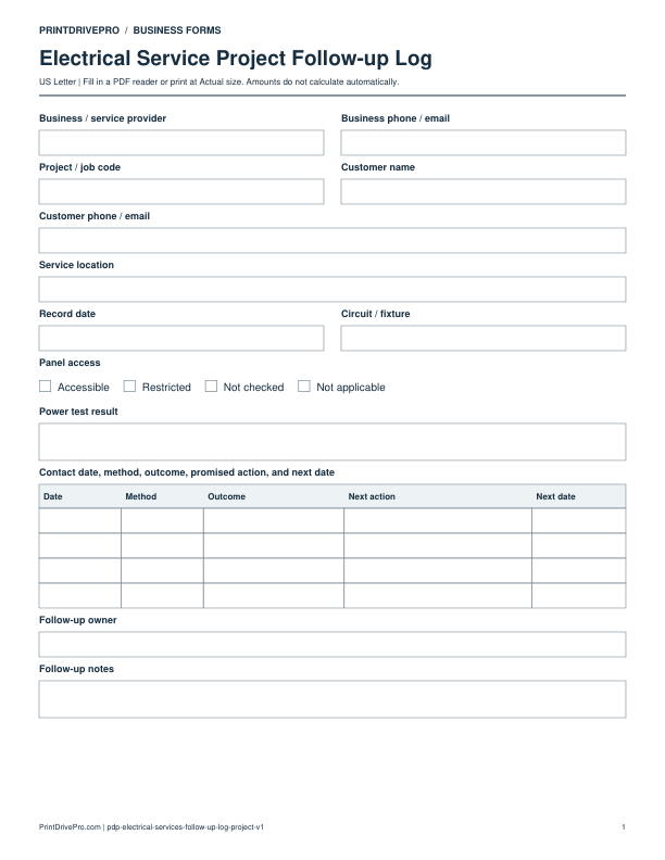 Preview of Electrical Service Project Follow-up Log