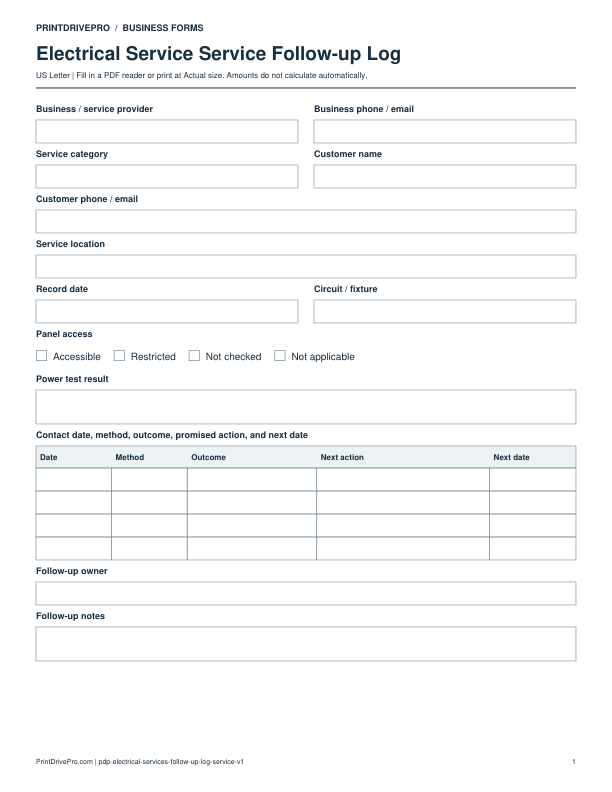Preview of Electrical Service Follow-up Log