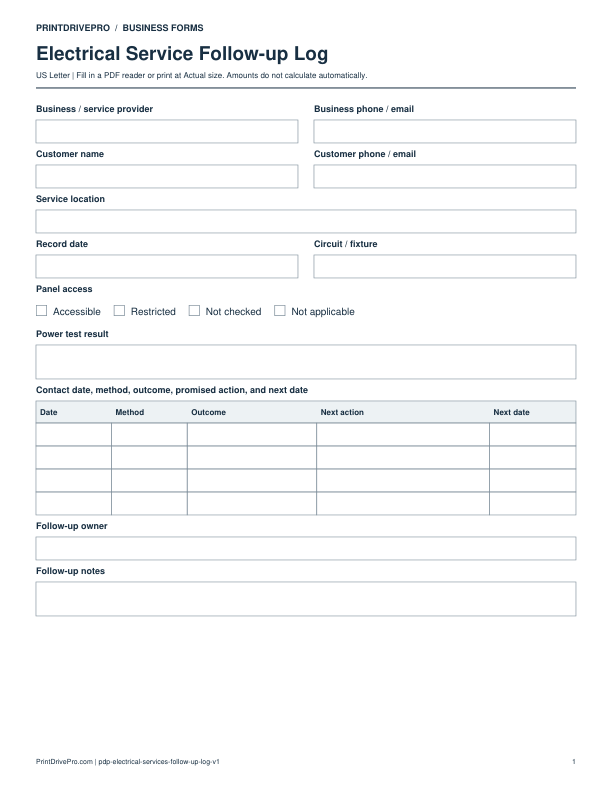 Preview of Electrical Service Follow-up Log
