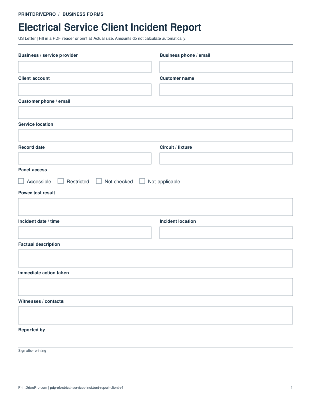 Preview of Electrical Service Client Incident Report