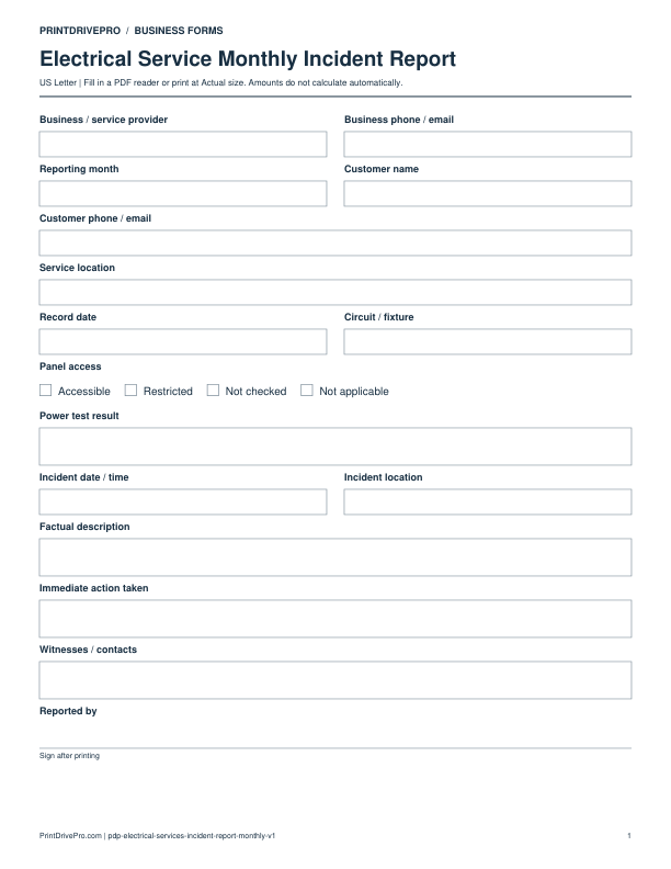 Preview of Electrical Service Monthly Incident Report