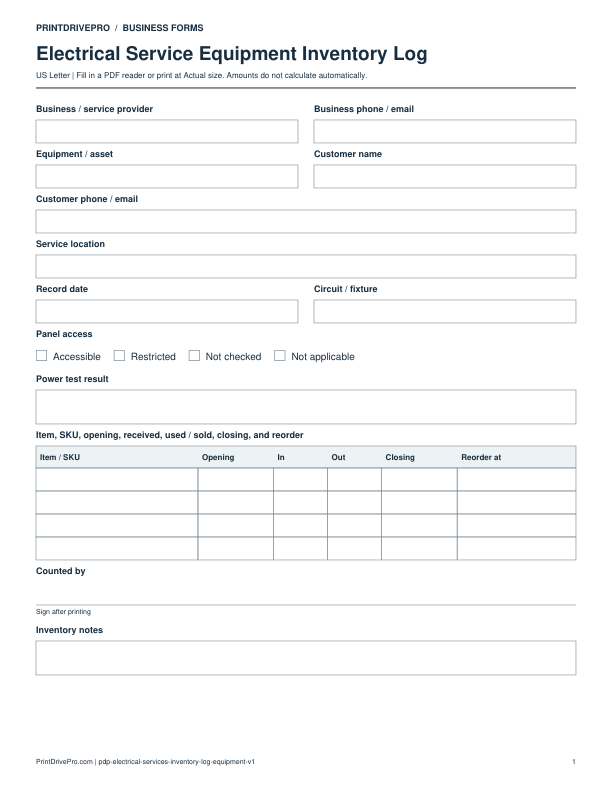Preview of Electrical Service Equipment Inventory Log