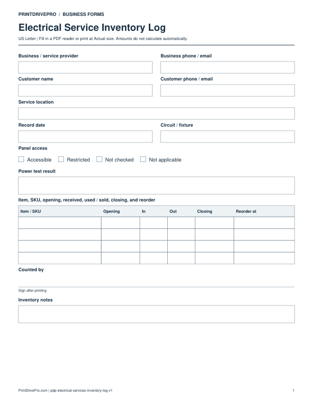 Preview of Electrical Service Inventory Log