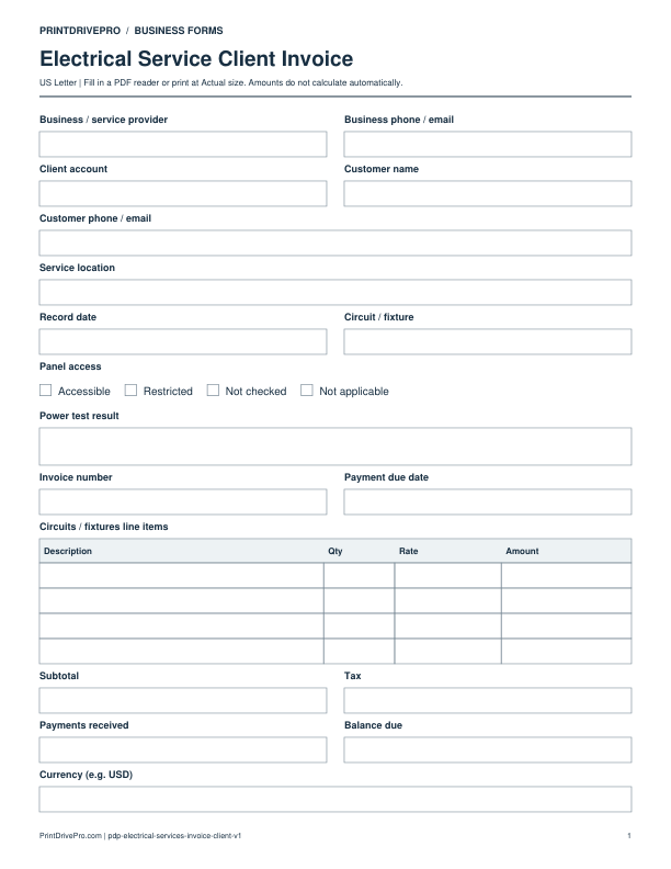 Preview of Electrical Service Client Invoice