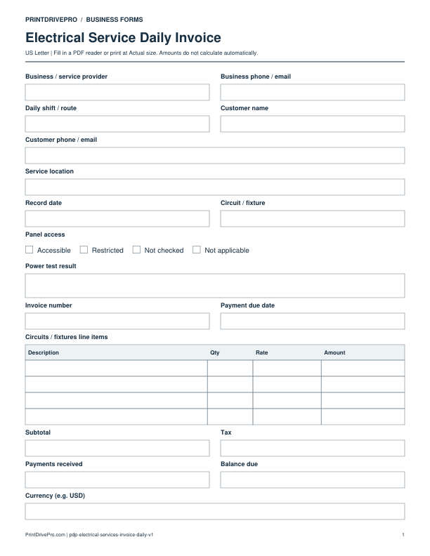 Preview of Electrical Service Daily Invoice