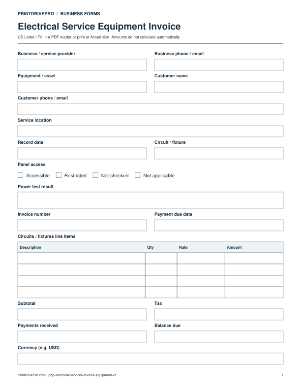 Preview of Electrical Service Equipment Invoice