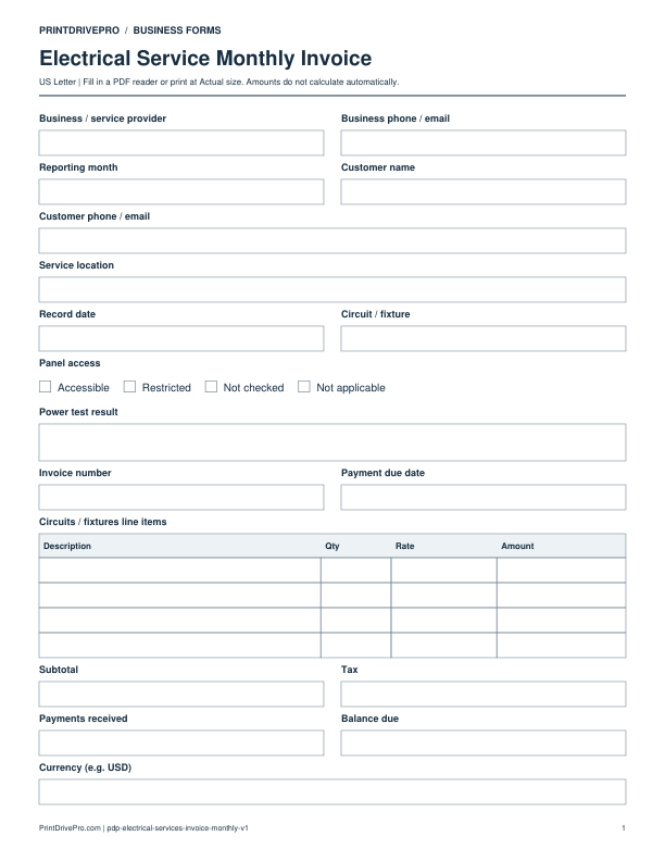 Preview of Electrical Service Monthly Invoice
