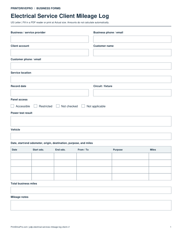 Preview of Electrical Service Client Mileage Log
