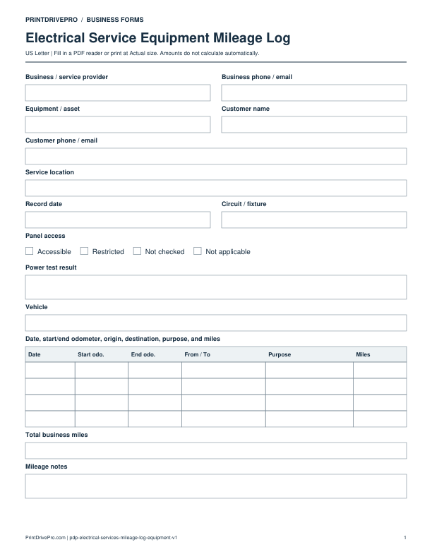 Preview of Electrical Service Equipment Mileage Log