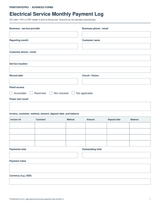 Preview of Electrical Service Monthly Payment Log