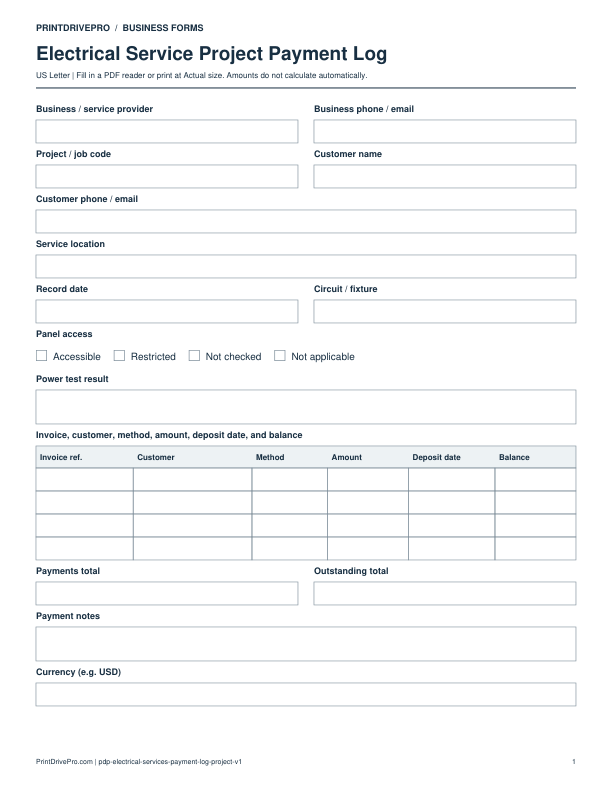 Preview of Electrical Service Project Payment Log