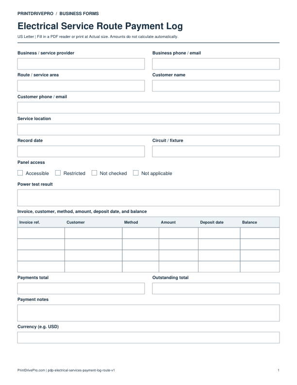 Preview of Electrical Service Route Payment Log