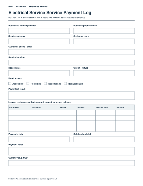 Preview of Electrical Service Service Payment Log