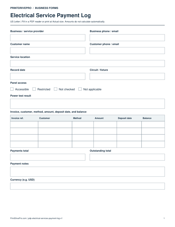 Preview of Electrical Service Payment Log