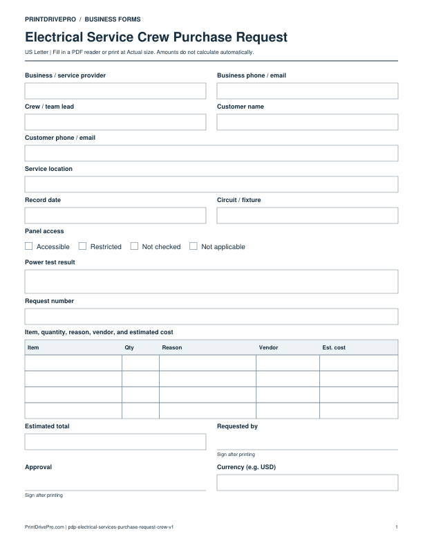 Preview of Electrical Service Crew Purchase Request