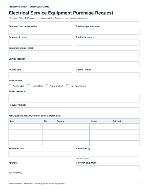 Preview of Electrical Service Equipment Purchase Request