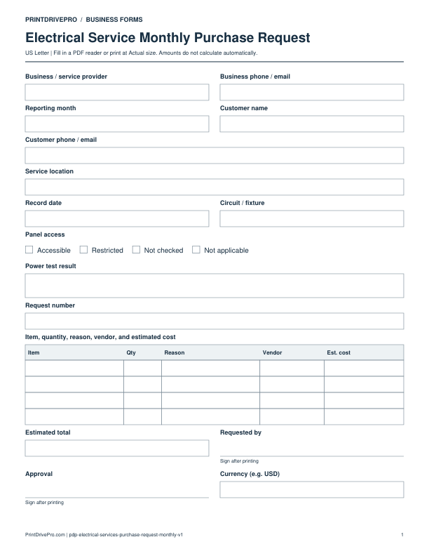 Preview of Electrical Service Monthly Purchase Request