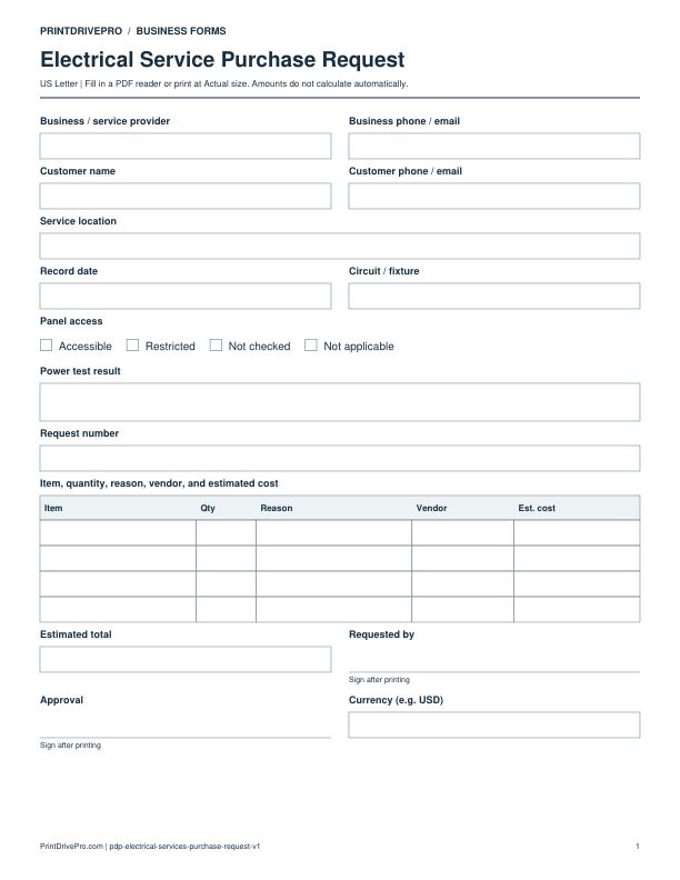 Preview of Electrical Service Purchase Request