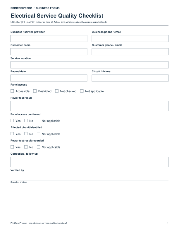 Preview of Electrical Service Quality Checklist