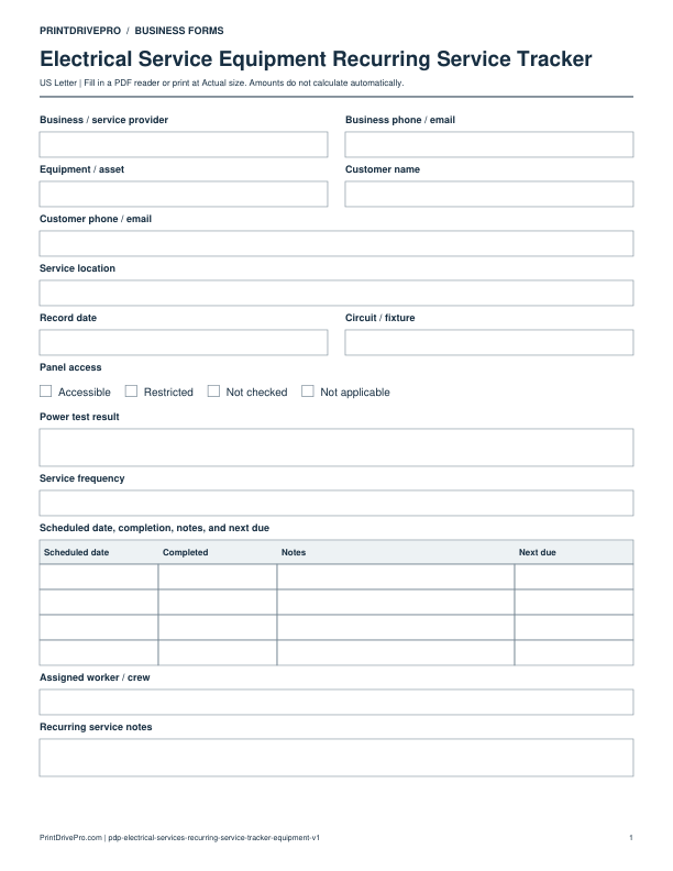 Preview of Electrical Service Equipment Recurring Service Tracker