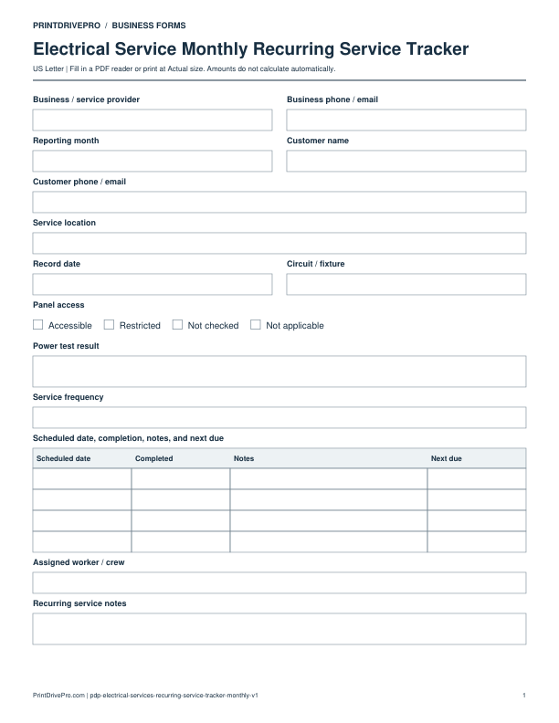 Preview of Electrical Service Monthly Recurring Service Tracker