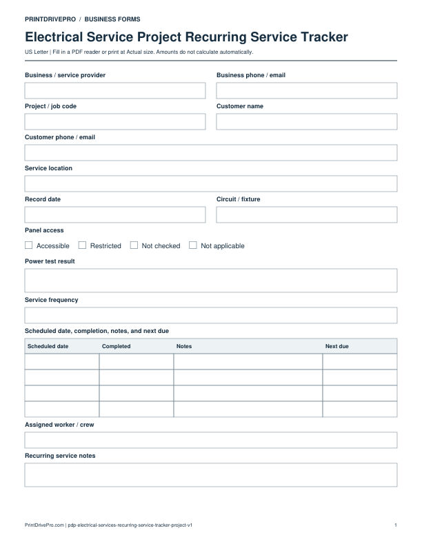 Preview of Electrical Service Project Recurring Service Tracker
