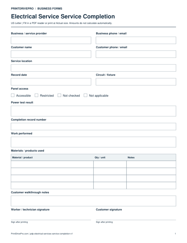 Preview of Electrical Service Service Completion
