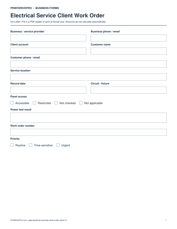 Preview of Electrical Service Client Work Order
