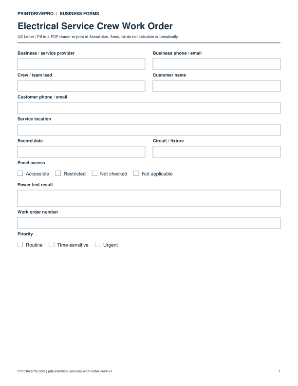 Preview of Electrical Service Crew Work Order