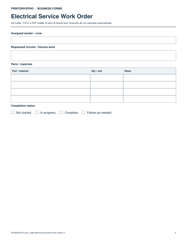Page 2 of Electrical Service Work Order Printable