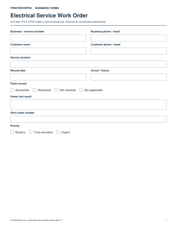 Preview of Electrical Service Work Order