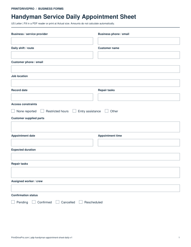 Preview of Handyman Service Daily Appointment Sheet