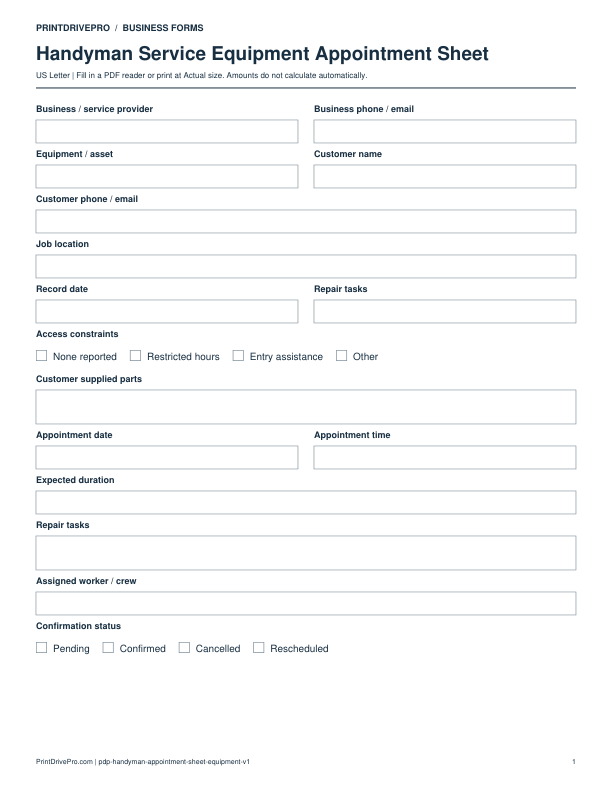 Preview of Handyman Service Equipment Appointment Sheet
