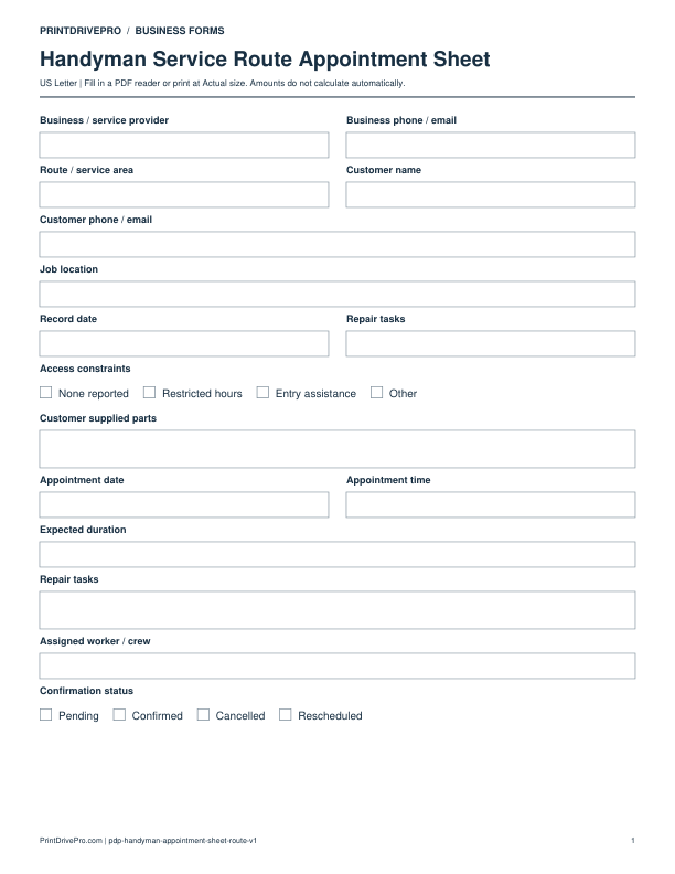 Preview of Handyman Service Route Appointment Sheet