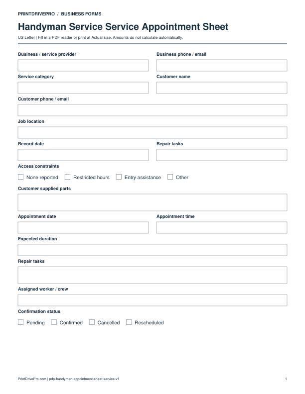 Preview of Handyman Service Service Appointment Sheet