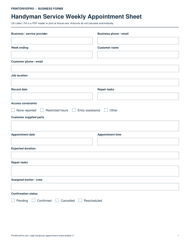 Preview of Handyman Service Weekly Appointment Sheet