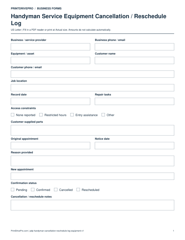 Preview of Handyman Service Equipment Cancellation / Reschedule Log