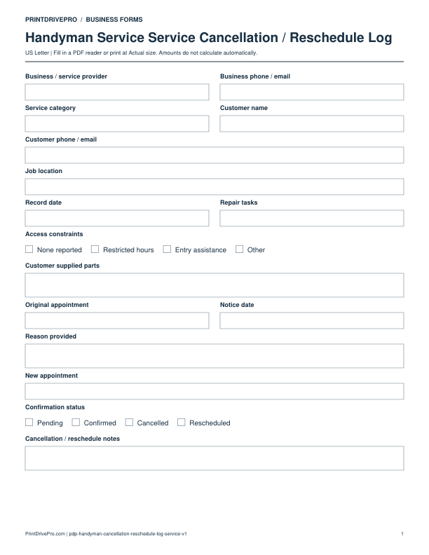 Preview of Handyman Service Service Cancellation / Reschedule Log