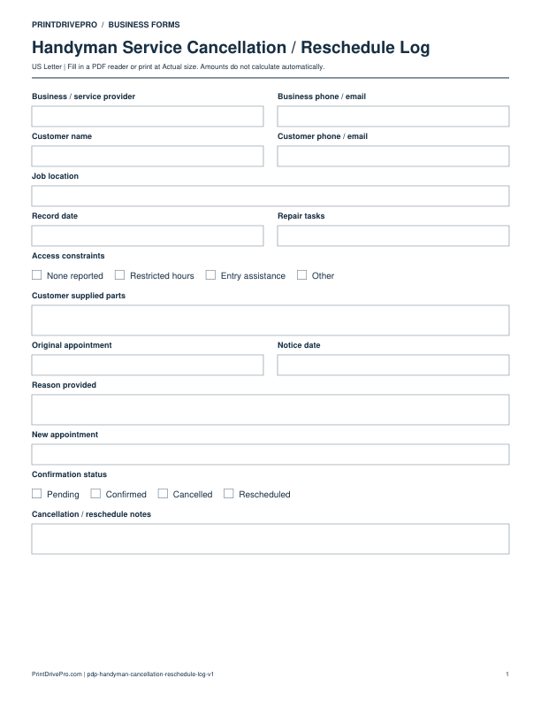 Preview of Handyman Service Cancellation / Reschedule Log