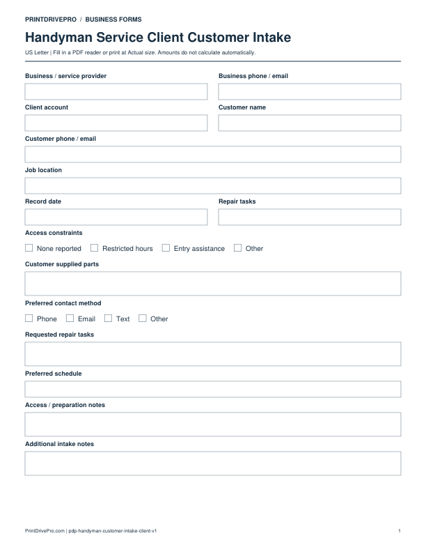 Preview of Handyman Service Client Customer Intake