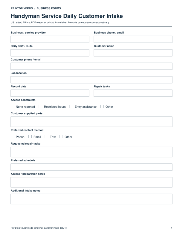 Preview of Handyman Service Daily Customer Intake