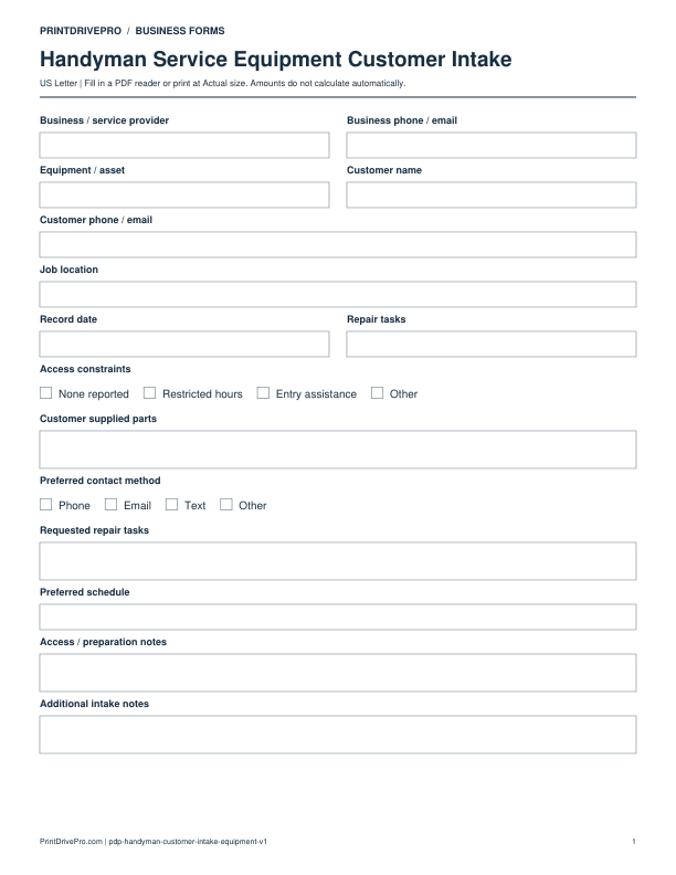 Preview of Handyman Service Equipment Customer Intake