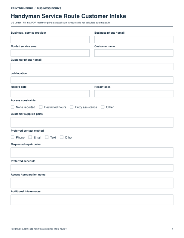 Preview of Handyman Service Route Customer Intake