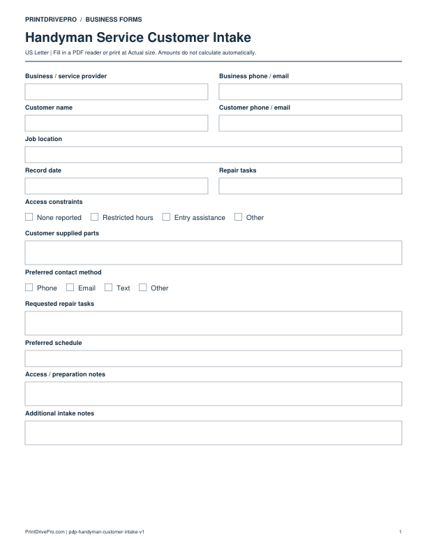 Preview of Handyman Service Customer Intake