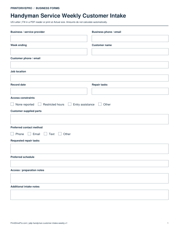 Preview of Handyman Service Weekly Customer Intake