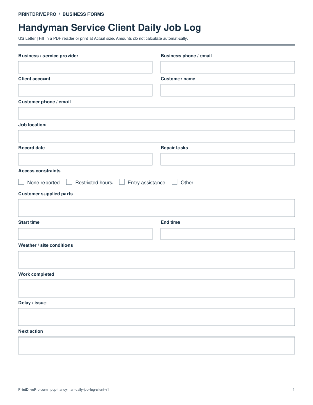 Preview of Handyman Service Client Daily Job Log